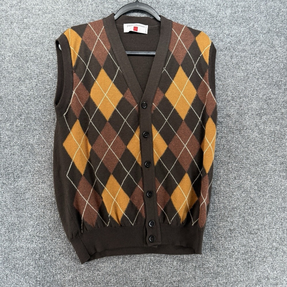 Paolo Ottaviana Sweater Mens M Brown Wool Blend Button Up Sleeveless Old Money